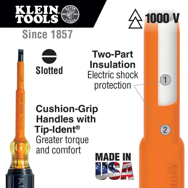 Klein 601-4-INS Screwdriver, 3/16 in Cabinet Point, Steel Shank, 7-3/4 in OAL, Plastic Handle, ASTM F1505