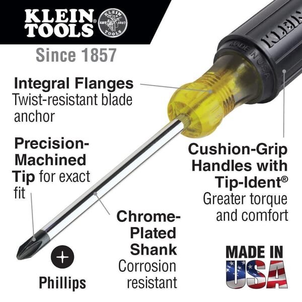 Klein Cushion-Grip 603-10 Screwdriver, #2 Phillips Point, Steel Shank, 14.313 in OAL, Rubber Handle, Polished Chrome, ASME Specified