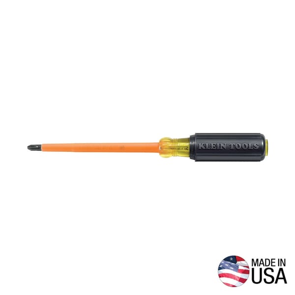Klein 603-4-INS Screwdriver, #2 Phillips Point, Steel Shank, 8.313 in OAL, Plastic Handle, Black Oxide, ASTM F1505