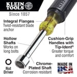 Klein Cushion-Grip 630-7MM Nutdriver, 7 mm, Hollow Shank, Orange Cushion Grip Handle, ANSI/ASME Specified, Polished Chrome
