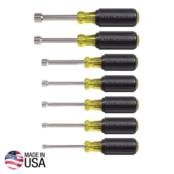 Klein 631 Nutdriver Set, 7 Pieces, 18-1/4 in OAL, Cushion Grip Handle, Steel, Polished Chrome