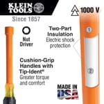 Klein 646-7/16-INS Insulated Nutdriver, 7/16 in, Hollow Shank, Orange Cushion Grip Handle