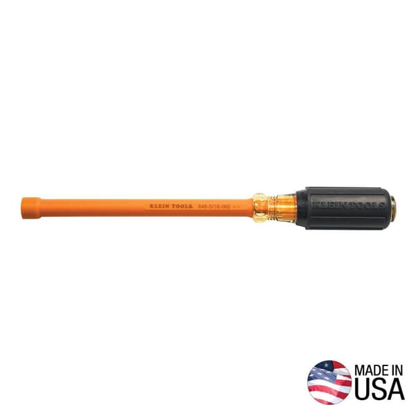 Klein 646-5/16-INS Insulated Nutdriver, 5/16 in, Hollow Shank, Orange Cushion Grip Handle