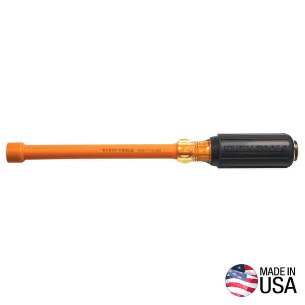 Klein 646-7/16-INS Insulated Nutdriver, 7/16 in, Hollow Shank, Orange Cushion Grip Handle