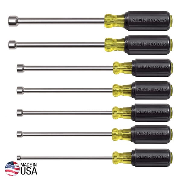Klein 647M Magnetic Nutdriver Set, 7 Pieces, 15-3/4 in OAL, Cushion Grip Handle, Steel, Polished Chrome, ASME Specified