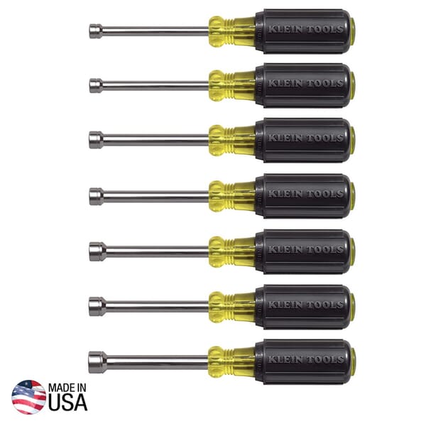Klein Cushion-Grip 65160 Nutdriver Set, 5 to 10 mm, 7 Pieces, 6-3/4 in OAL, Cushion Grip Handle, Rubber, Polished Chrome