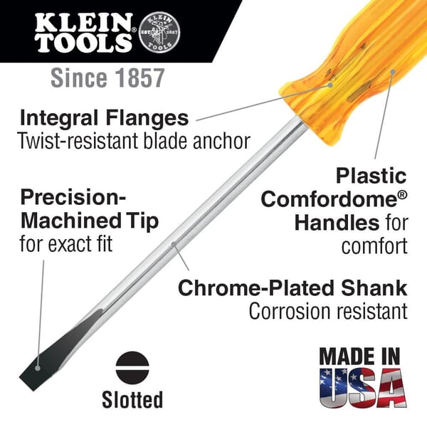 Klein A216-4 Screwdriver, 1/8 in Cabinet Point, Steel Shank, 7 in OAL, Plastic Handle, Polished Chrome, ANSI/ASME Specified