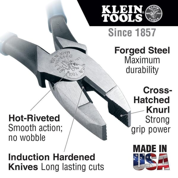 Klein D201-7NE Standard Linemans Plier, 1-9/32 in L x 1-1/16 in W x 1/2 in THK Steel Jaw, Crosshatch Knurled Jaw Surface, 7.38 in OAL