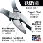 Klein D201-7NE Standard Linemans Plier, 1-9/32 in L x 1-1/16 in W x 1/2 in THK Steel Jaw, Crosshatch Knurled Jaw Surface, 7.38 in OAL