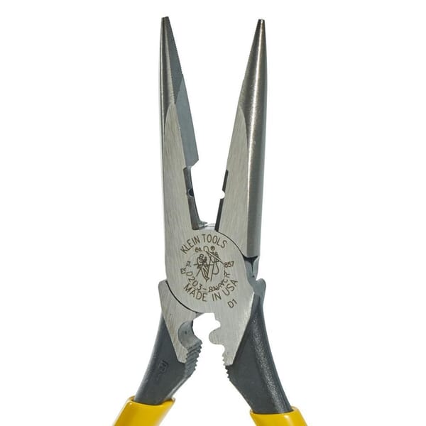 Klein D203-8NCR Crimping Heavy Duty Side Cutting Long Nose Plier, Knurled Steel Jaw, 2.313 in L x 1 in W Jaw, 8.438 in OAL