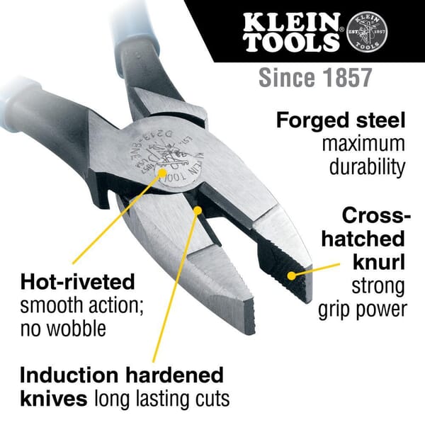 Klein D213-8NE New England Nose Linemans Plier, 1-7/16 in L x 1-3/16 in W X 5/8 in THK Jaw Tool Steel Jaw, Crosshatch Knurled Jaw Surface, 8.59 in OAL