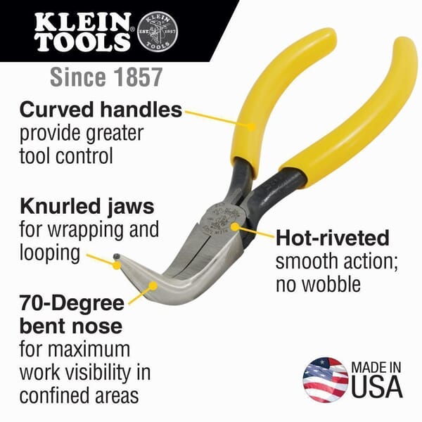 Klein D302-6 Electronic Long Nose Plier, Curved/Knurled, 1-1/2 in L x 0.688 in W Jaw, 6-3/8 in OAL, 3/32 in W Tip
