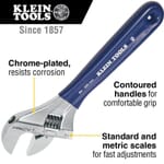 Klein D509-8 Extra Wide Adjustable Wrench, 1-1/2 in, Polished Chrome, 8-1/2 in OAL, Hardened Steel Body