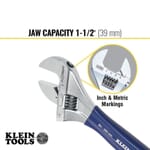 Klein D509-8 Extra Wide Adjustable Wrench, 1-1/2 in, Polished Chrome, 8-1/2 in OAL, Hardened Steel Body