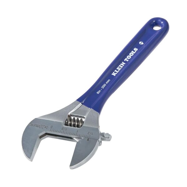 Klein D509-8 Extra Wide Adjustable Wrench, 1-1/2 in, Polished Chrome, 8-1/2 in OAL, Hardened Steel Body