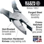 Klein D213-9NE High Leverage New England Nose Side Cutting Plier, 1.594 in L x 1.25 in W X 0.625 in THK Steel Jaw, Crosshatch Knurled Jaw Surface, 9.33 in OAL