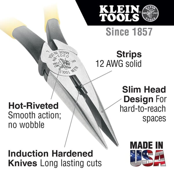 Klein Journeyman J203-8N Heavy Duty Side Cutting Long Nose Plier, Tool Steel Jaw, 2.313 in L x 1 in W Jaw, 8.563 in OAL
