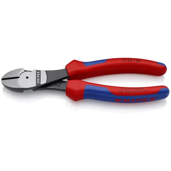 Knipex 74 02 180 74 02 High Leverage Cutting Plier, 2.2 mm Dia Piano, 2.7 mm Dia Hard, 3.8 mm Dia Medium Hard Nominal, 180 mm OAL, Bevel/Diagonal Cut, DIN ISO 5749