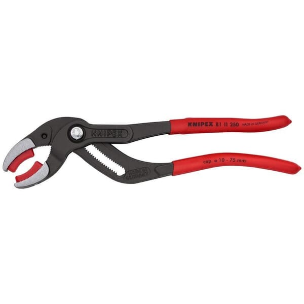 Knipex 81 11 250 SBA Siphon and Connector Plier With Replaceable Plastic Jaws, DIN ISO 5743, 3/8 to 2-15/16 in Nominal, 2-3/8 in L x 3/8 in W Plastic Curved Jaw, 10 in OAL