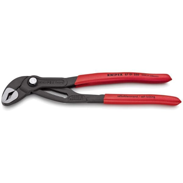Knipex Cobra 87 01 250 SBA Box Joint Fully Fledged High Tech Water Pump Plier, 2 in Nominal, 1-1/4 in L x 1/1-8 in W CRV Steel V-Shape Jaw, Serrated Jaw Surface, 10 in OAL