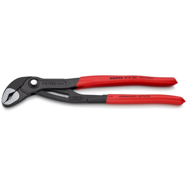 Knipex Cobra 87 01 300 Push Button Water Pump Plier, ASME B107.23-2004, 2-3/4 in Nominal, 2-3/4 in L x 7/8 in W Chrome Vanadium Steel V-Shape Jaw, 12 in OAL