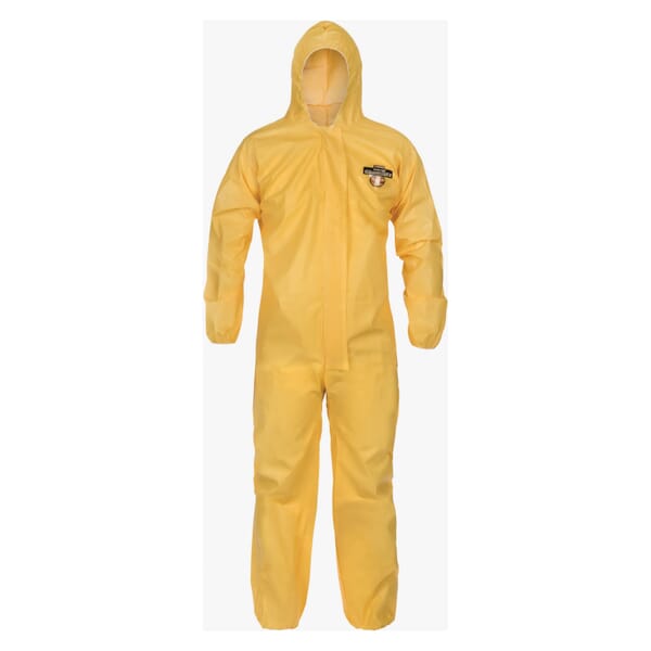 Lakeland Protective Coverall With Attached Hood, L, Yellow, ChemMax 1 (Polyethylene Barrier Film/Non-Woven Filament), 29 in Inseam