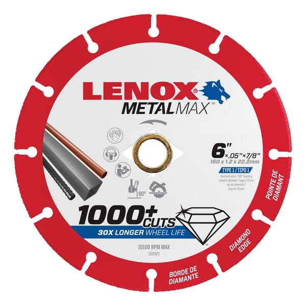 Lenox METALMAX 1972923 Type 1 Cut-Off Wheel, 6 in Dia x 0.05 in THK, 7/8 in Center Hole, 40/50 Grit, Diamond Abrasive