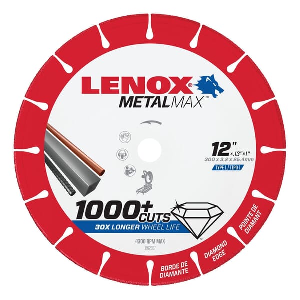 Lenox METALMAX 1972927 Type 1 Cut-Off Wheel, 12 in Dia x 0.13 in THK, 1 in Center Hole, 25/30 Grit, Diamond Abrasive