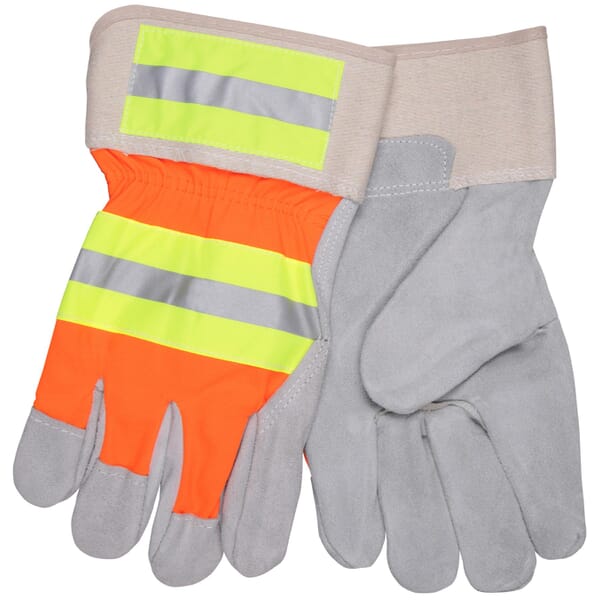 MCR Safety 1440L Luminator General Purpose Gloves, Gunn Cut/Wing Thumb Style, Cowhide Leather Palm, 7 ga Cotton Thread/Leather/Polyester, Gray/Hi-Viz Orange Fabric/Silver Reflective/Yellow, Safety Cuff, Fleece Lining