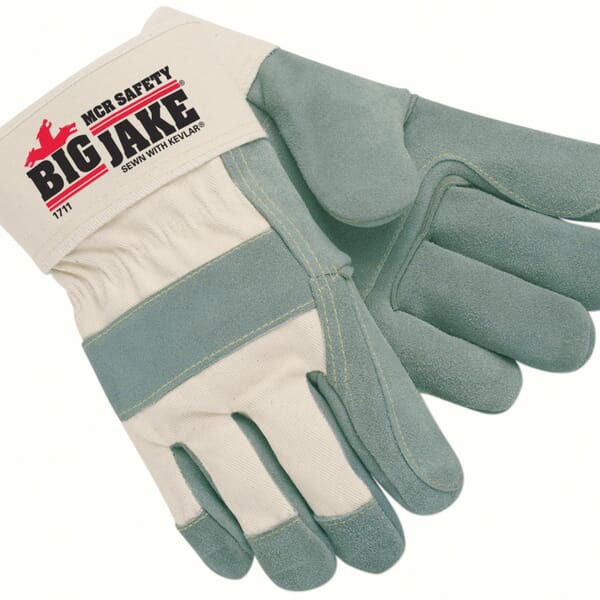 MCR Safety 1711 Big Jake Premium Grade General Purpose Gloves, Gunn Cut/Wing Thumb Style, XL, Cowhide Leather Palm, Gray/White, Safety Cuff, Uncoated Coating, Resists: Abrasion, Cut, Tear, Puncture, Heat and Tear, Fleece Lining