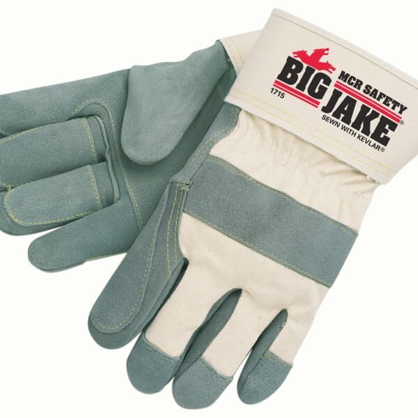 MCR Safety 1715 Big Jake Double Palm Premium Grade General Purpose Gloves, Gunn Cut/Wing Thumb Style, XL, Cowhide Leather Palm, Natural White, Safety Cuff, Uncoated Coating, Resists: Abrasion, Cut, Tear, Puncture, Heat and Tear
