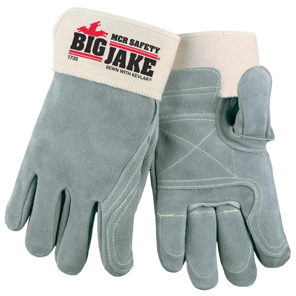 MCR Safety 1735XL Big Jake 1735 Premium Grade General Purpose Gloves, Gunn Cut/Straight Thumb Style, XL, Cowhide Leather Palm, Kevlar Thread/Leather, Gray/White Fabric/Blue Logo, Safety Cuff, Resists: Abrasion, Cut, Puncture and Tear