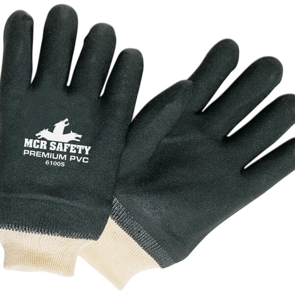 MCR Safety 6100S Premium Grade General Purpose Gloves, Wing Thumb Style, L, Black/White, Knit Wrist Cuff, PVC with Sandy Finish Coating, Resists: Abrasion, Cut, Puncture and Tear, Interlock Lining