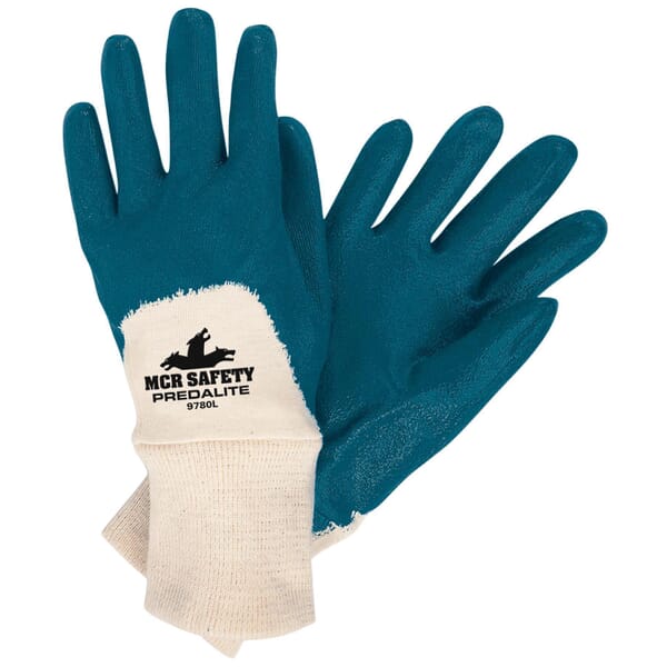 MCR Safety 9780M Predalite 9780 Premium Grade General Purpose Gloves, Straight Thumb Style, M, Nitrile Palm, Blue/White, Knit Wrist Cuff, Resists: Abrasion, Cut, Puncture and Tear, Interlock Lining