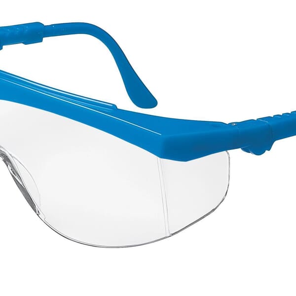 MCR Safety TK120 Tomahawk Single Lens Safety Glasses With Side Shields, Duramass Hard Coat, Clear Lens, Wrap Around Frame, Blue, Nylon Frame, Polycarbonate Lens, ANSI Z87+, AS/NZS 1337.1, CAN/CSA Z94.3, CE EN 166