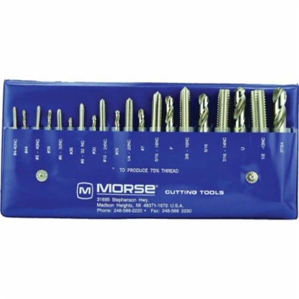 MORSE 37103 8001 Tap and Drill Set, 20 Pieces, #4-40 to 1/2-13 Tap Thread, #44 to 27/64 in Drill, UNC Thread, Plug Tap Chamfer