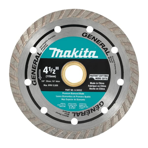 Makita A-94552 Turbo Rim Diamond Masonry Blade, 4-1/2 in Dia Blade, 7/8, 5/8 in Arbor/Shank