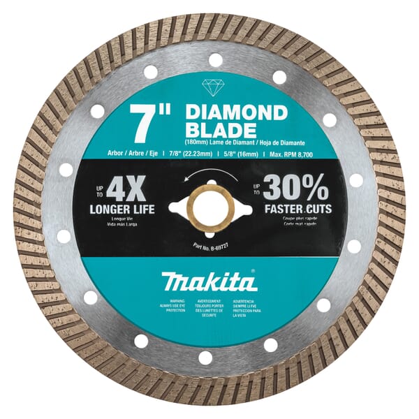 Makita B-69727 General Purpose Turbo Rim Diamond Blade, 7 in Dia Blade, 5/8 in, 7/8 in Arbor/Shank, Wet/Dry Cutting