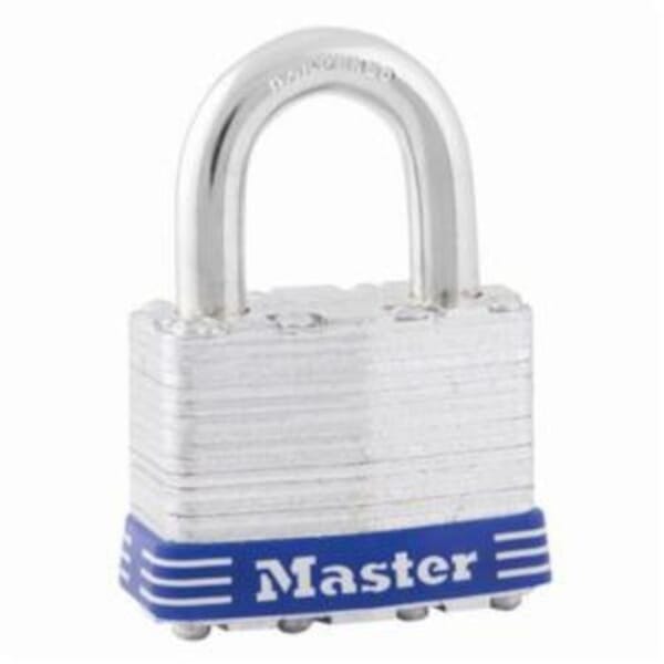 Master Lock 1D Safety Padlock, Different Key, Laminated Steel Body, 5/16 in Dia Shackle, Silver, 4-Pin Tumbler Cylindrical Locking Mechanism