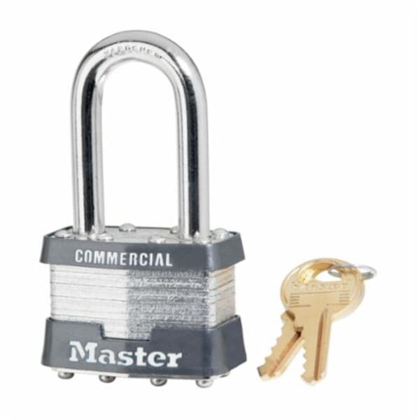 Master Lock 1KALF Commercial Grade Non-Rekeyable Safety Padlock With 1-1/2 in Shackle, Keyed Alike, Alike Key, 5/16 in Shackle, Laminated Steel Body, 4-Pin Tumbler Locking