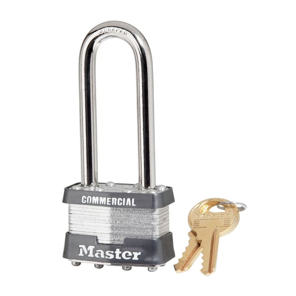 Master Lock 1KALJ Non-Rekeyable Rectangular Safety Padlock With 2-1/2 in Shackle, Alike Key, Laminated Steel Body, 5/16 in Dia Shackle, Silver, 4-Pin Tumbler Cylindrical/Dual Locking Lever Locking Mechanism