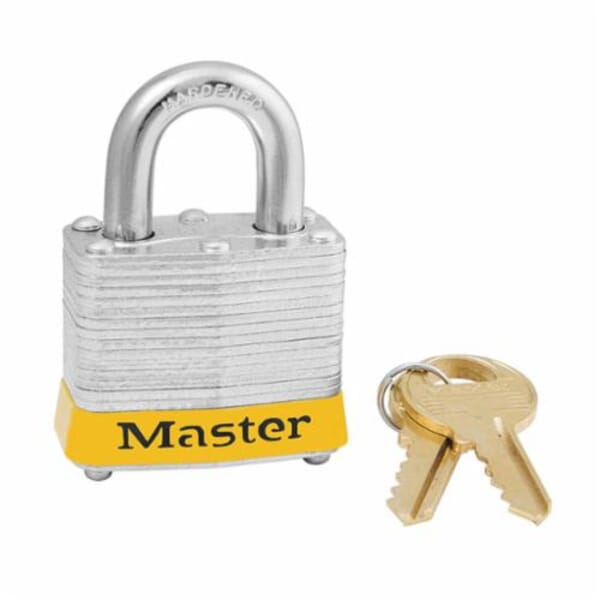Master Lock Safety Padlock, Alike Key, Reinforced Laminated Steel Body, 9/32 in Dia x 3/4 in H x 5/8 in W Hardened Steel Shackle, Conductive Conductivity