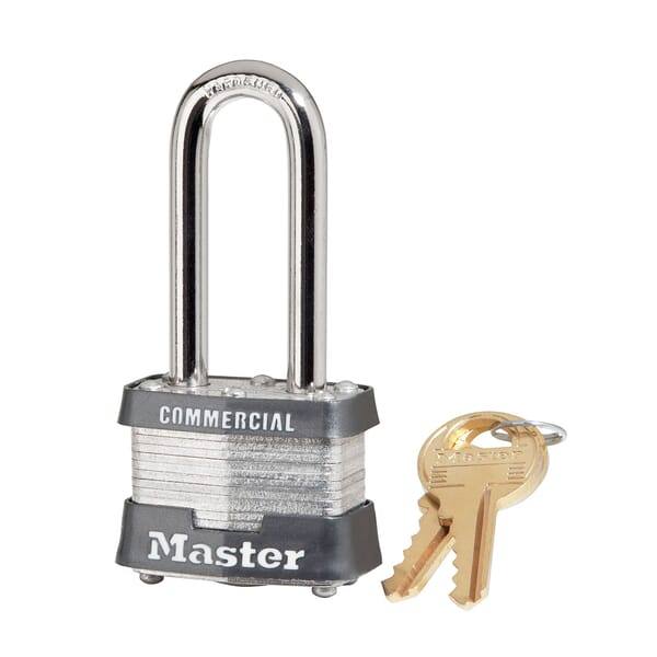 Master Lock 3LH Non-Rekeyable Safety Padlock, Different Key, Laminated Steel Body, 9/32 in Dia Shackle, Silver, 4-Pin Tumbler Cylindrical/Dual Locking Lever Locking Mechanism