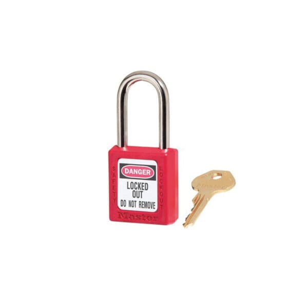Master Lock 410MKW417RED Zenex Safety Padlock, Master Keyed Key, Thermoplastic Body, 1/4 in Dia Shackle, Red, 6-Pin Cylinder Tumbler Locking Mechanism