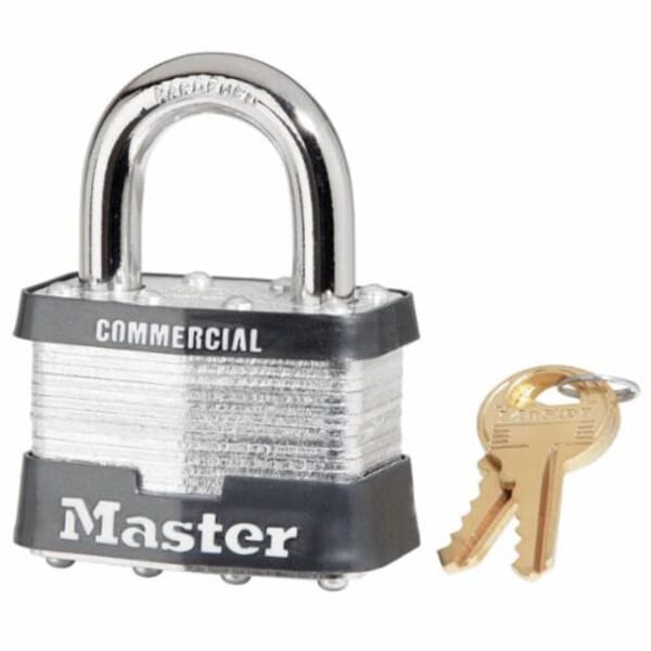 Master Lock 5 Commercial Grade Non-Rekeyable Safety Padlock, Different Key, Laminated Steel Body, 3/8 in Dia Shackle, 4-Pin Tumbler Locking Mechanism