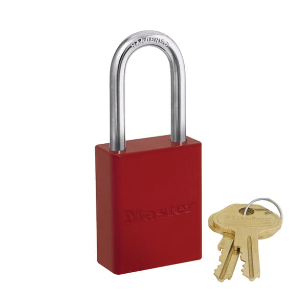 Master Lock ProSeries 6835KALFRED Safety Padlock, Alike Key, Red, Powder Coated Aluminum Body, 1/4 in Dia x 1-1/2 in H x 25/32 in W Polished Chrome Boron Alloy Steel Shackle, Conductive Conductivity