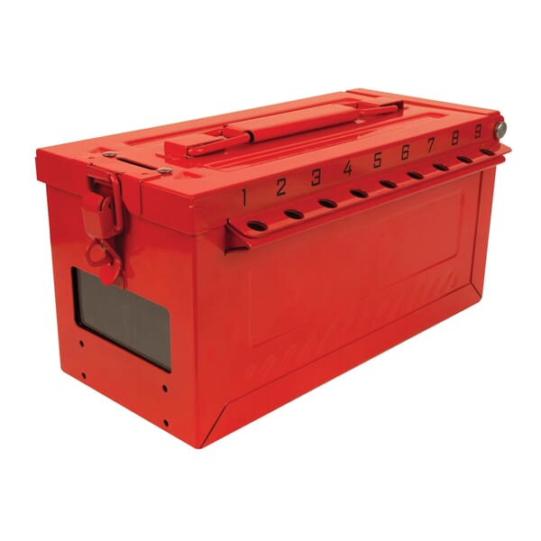 Master Lock S600 Portable Small Group Lock Box With Key Window, 19 Padlocks, Hinged Door, Red, 5-43/64 in H x 6-27/64 in W x 12 in D
