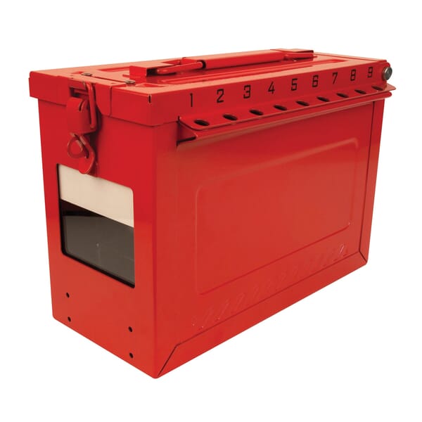 Master Lock S602 Large Portable Group Lock Box With Key Window, 19 Padlocks, Hinged Door, Red, 9-1/16 in H x 6-27/64 in W x 12 in D