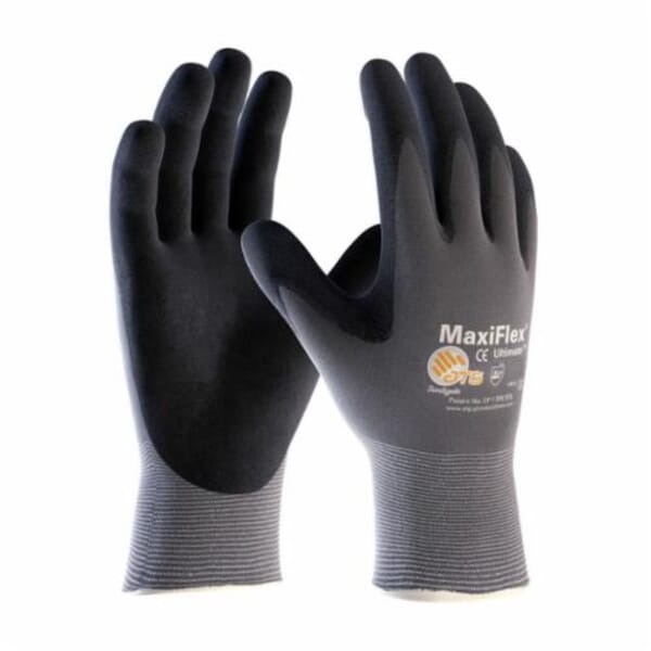 ATG 34-874 MaxiFlex Ultimate General Purpose Gloves, ATG MaxiFlex Ultimate General Purpose Gloves, Coated, Microfoam Nitrile Palm, 15 ga Nylon, Black/Gray, Continuous Knit Wrist Cuff, Microfoam Nitrile Coating, Resists: Abrasion, Cut, Puncture and Tear, Nylon/Lycra Lining, Seamless Knit