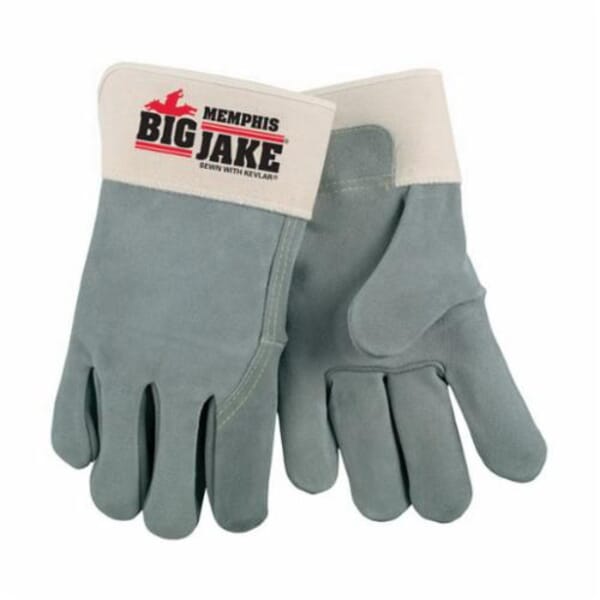 MCR Safety 1717 Big Jake 1717 Premium Grade General Purpose Gloves, Leather Palm, Gunn Cut/Standard Finger/Wing Thumb Style, XL, Cowhide Leather Palm, Kevlar Thread/Leather, Gray/White Fabric/Blue Logo, Safety Rubberized Cuff, Fleece Lining